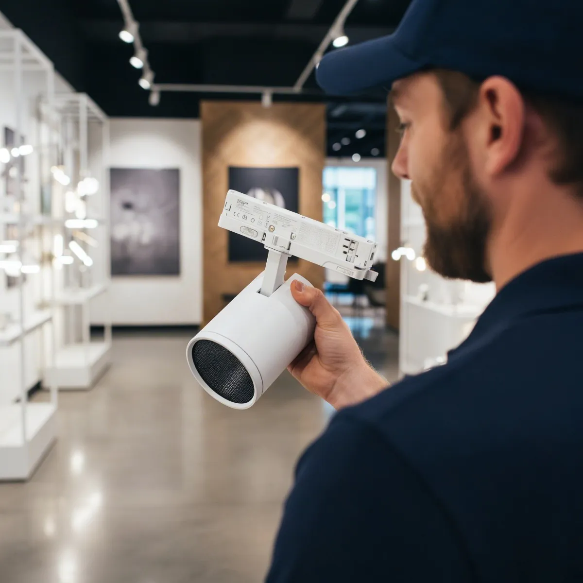 Noxion track light Delta Pro con nido d'ape in un ambiente galleria